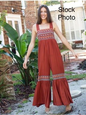 New NATURAL LIFE Embroidered Wide Leg Jumpsuit - Terracotta Bohemian Small  #757